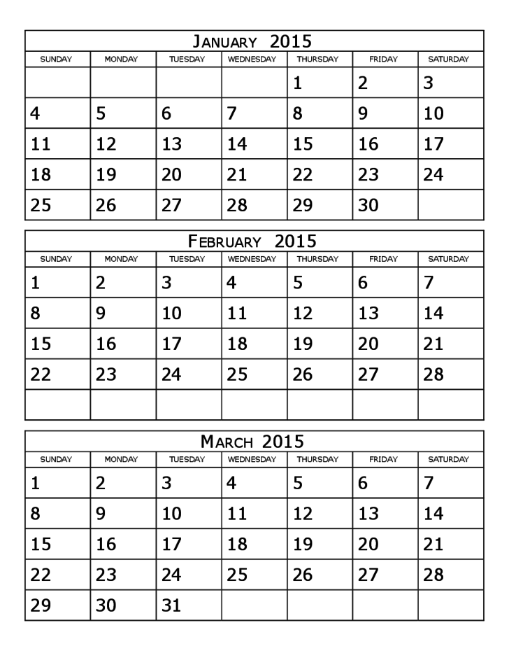 2015 Calendar Three Months Per Page Free Download