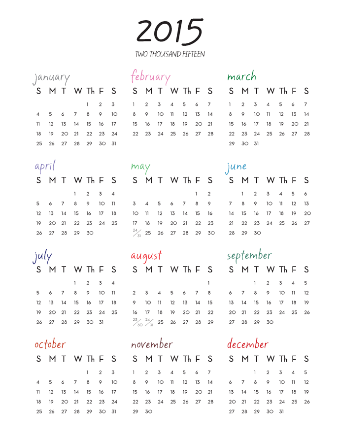 2015 Calendar With Holidays Printable One Page