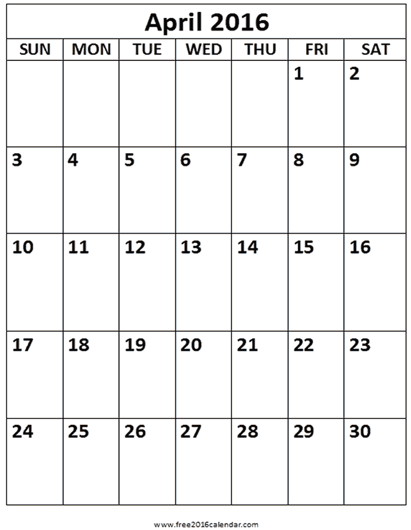 2016 April Calendar Printable