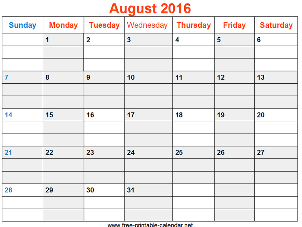 2016 August Calendar Template Free