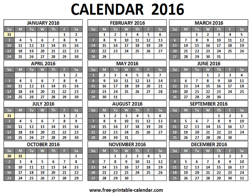 2016 Calendar 12 Months On One Page Printable