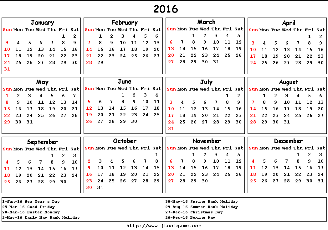 2016 Calendar Uk