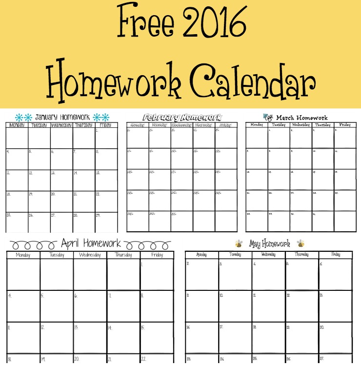 2016 Homework Calendar