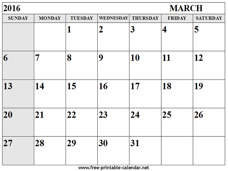 2016 March Printable Calendar Pdf