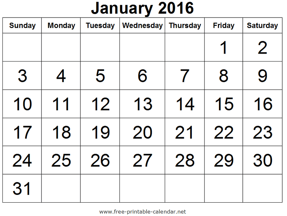 2016 Monthly Calendar
