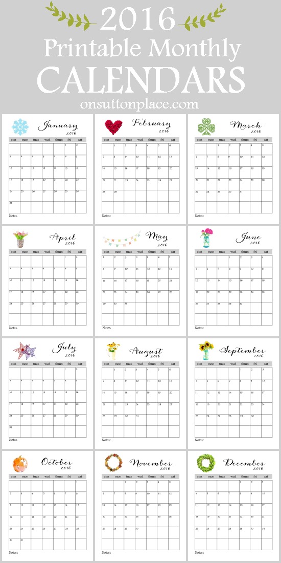 2016 Printable Monthly Calendar
