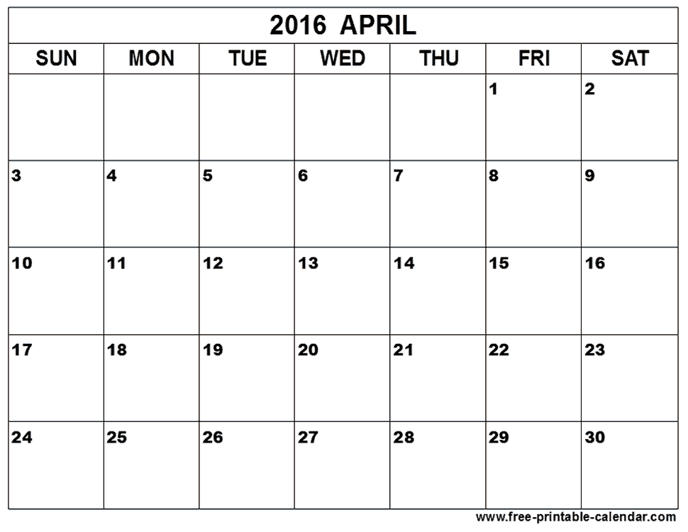 April 2016 Calendar Printable