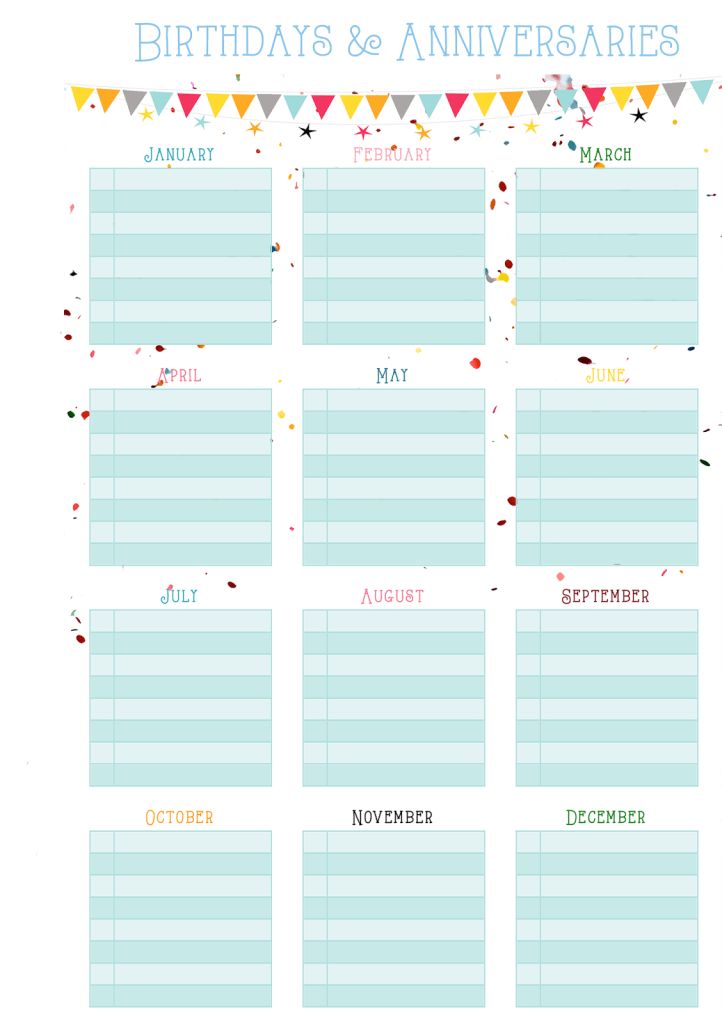 Birthdays & Anniversaries   Perpetual Calendar Sheet Free Planner