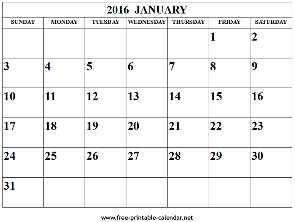 Calendar Print January 2016