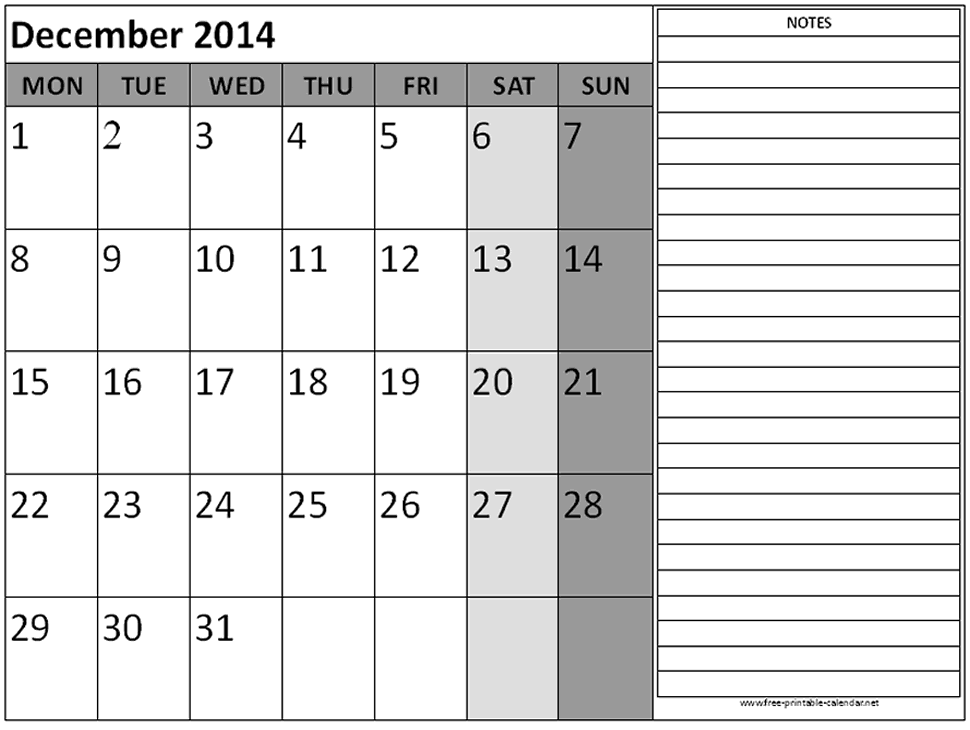 December 2014 Calendar With Notes Printable