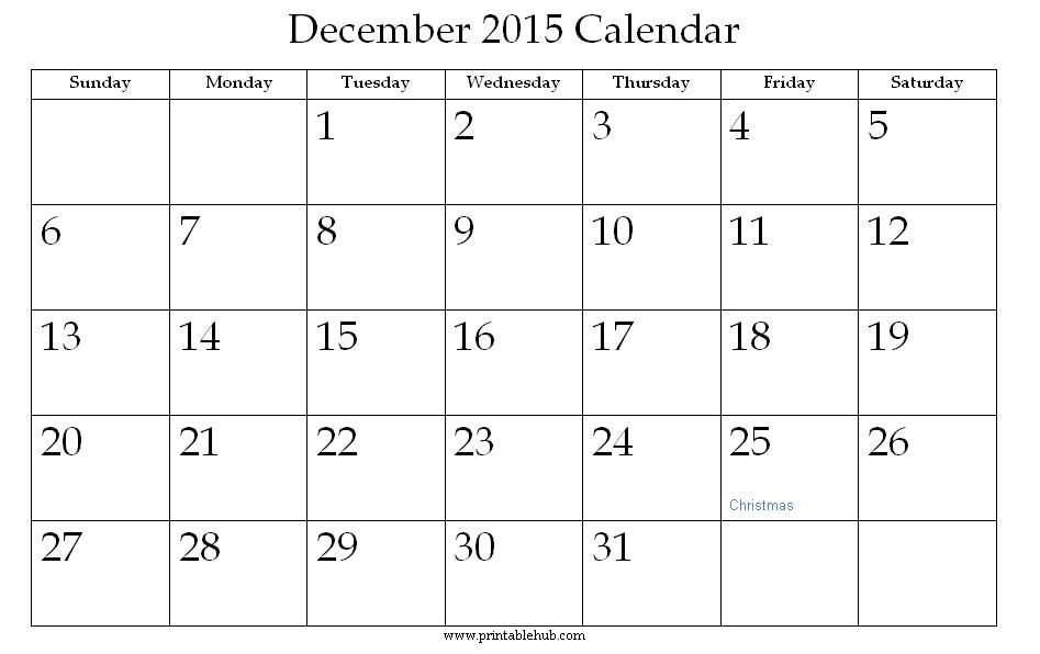 December 2015 Printable Calendar