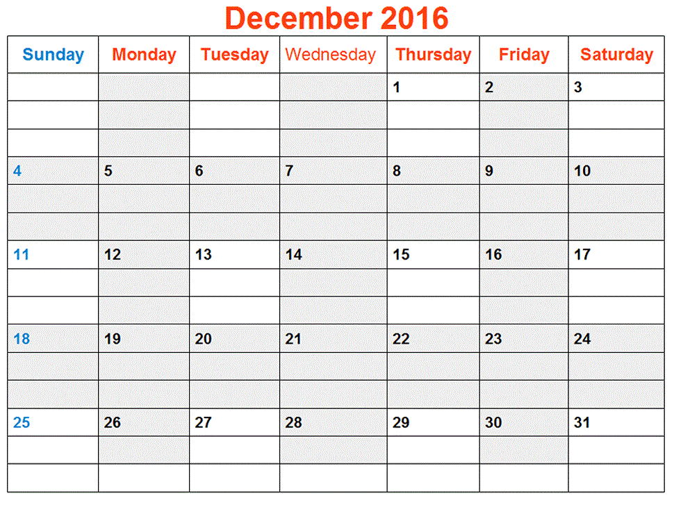 December 2016 Calendar Word Excel Pdf