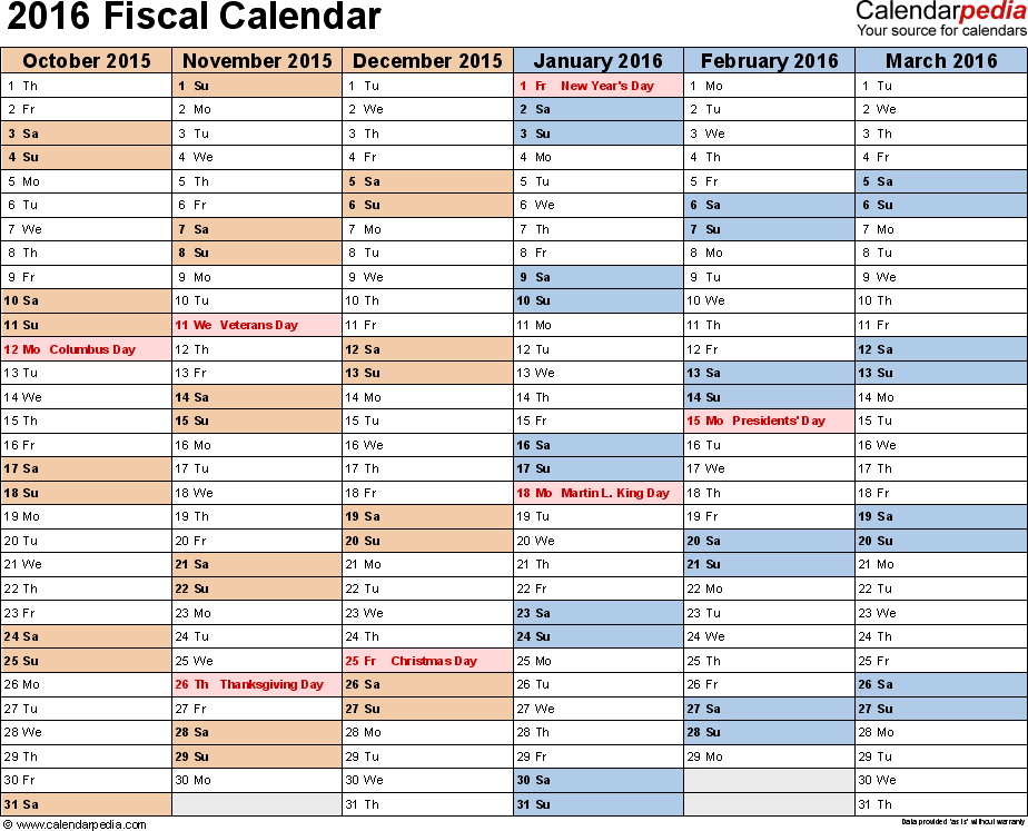 Fiscal Calendars 2016 As Free Printable Pdf Templates