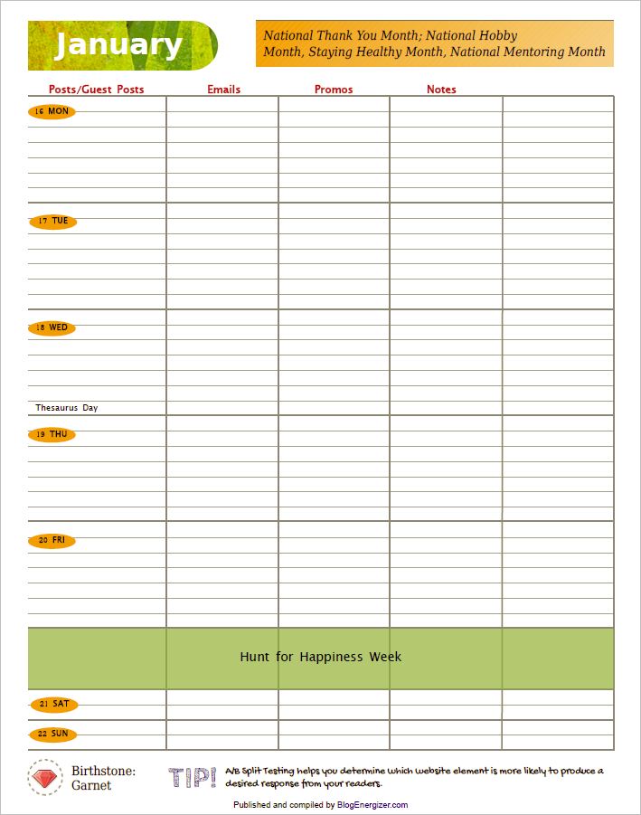 Free 2012 Printable Weekly Calendar For Bloggers