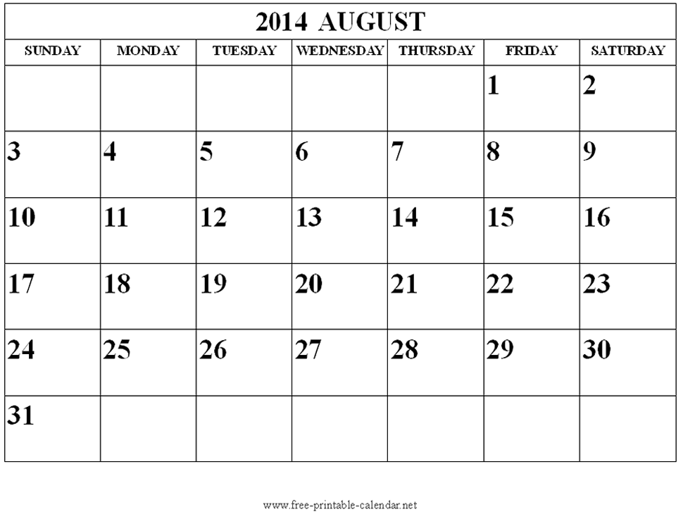 Free Calendar Template August 2014