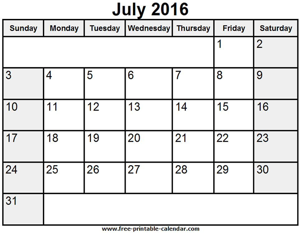 Free July Calendar Print Out