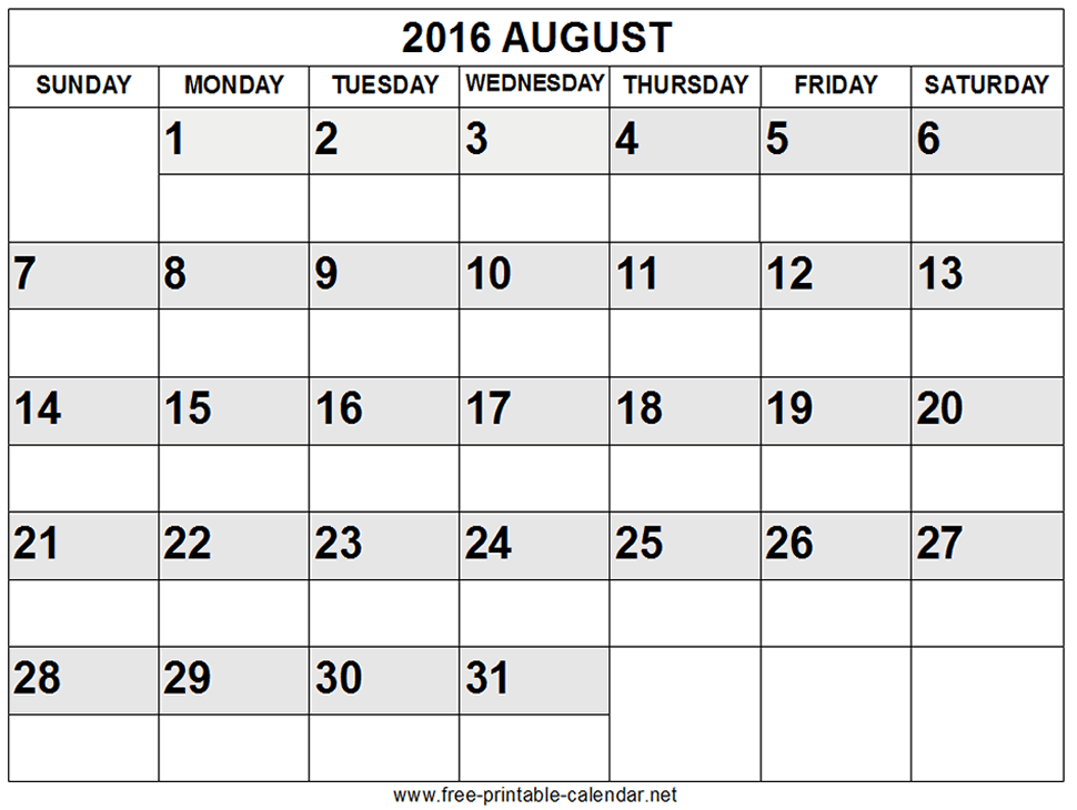 Free Printable August Calendar 2016