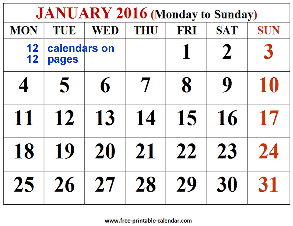 Free Printable Calendar 2016 For Free Download   12 Month 2016