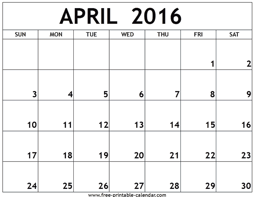 Free Printable Calendar April 2016