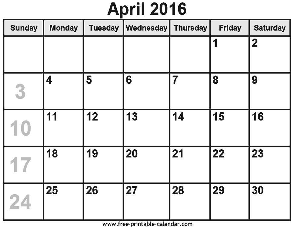Free Printable Calendars For Free Download   April 2016 Calendar