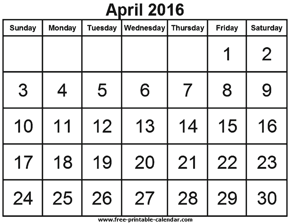 Free Printable Calendars For Free Download   April 2016 Calendar