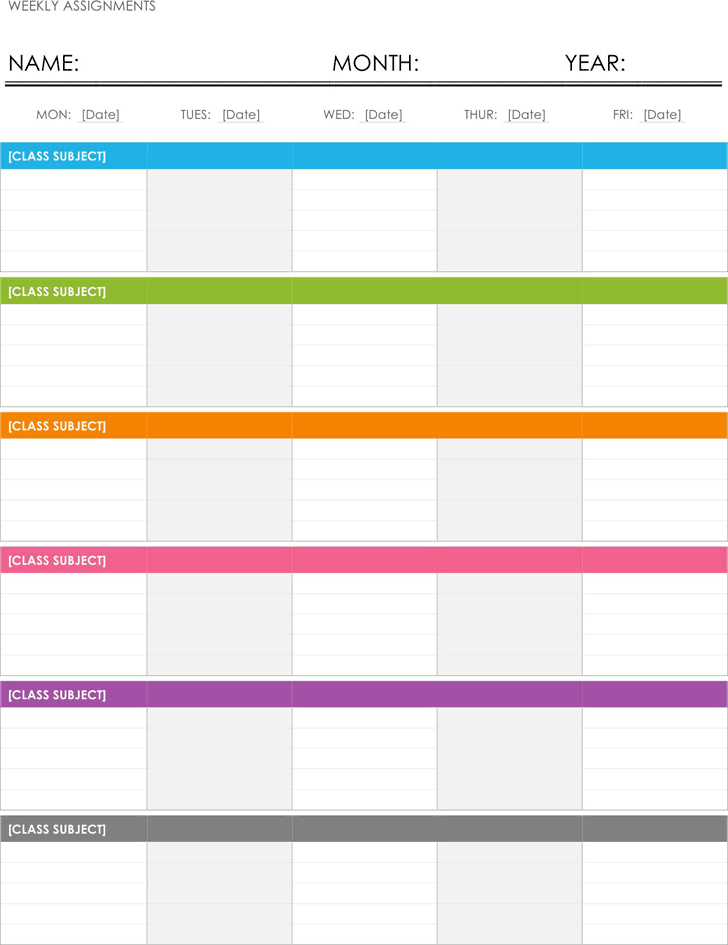 Free Weekly Assignment Calendar Template