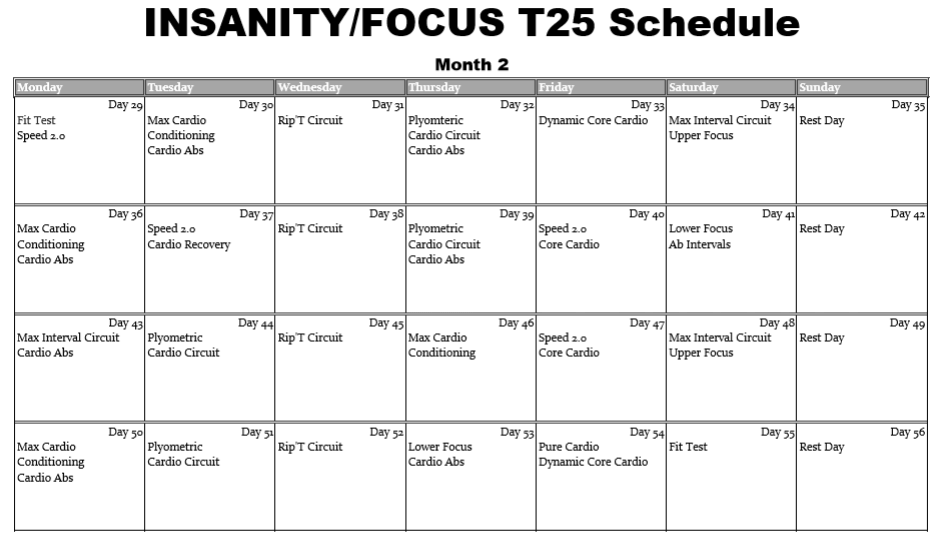 Insanity T25 Hybrid Workout Calendar