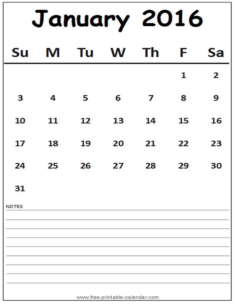 January 2016 Calendar Template