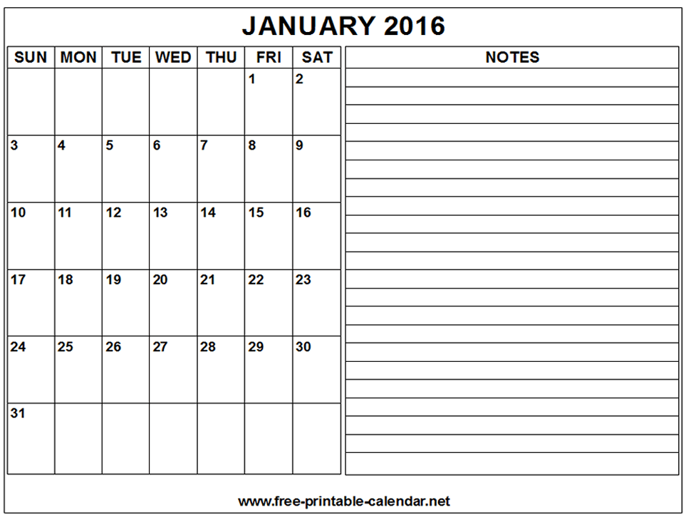 January 2016 Calendar Template
