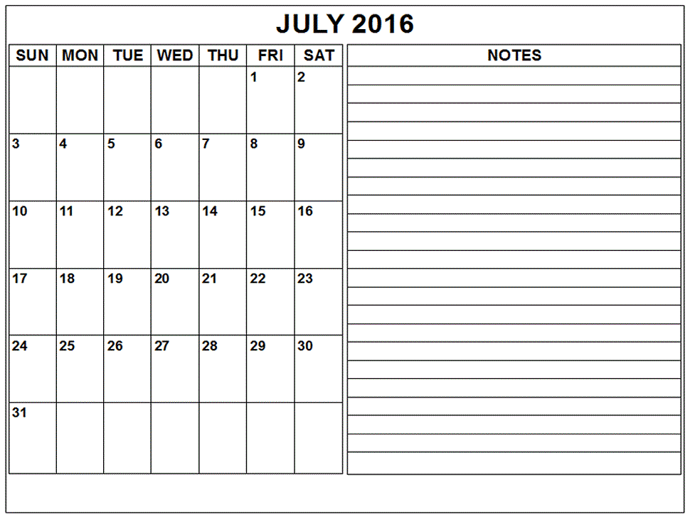 July 2016 Weekly Calendar