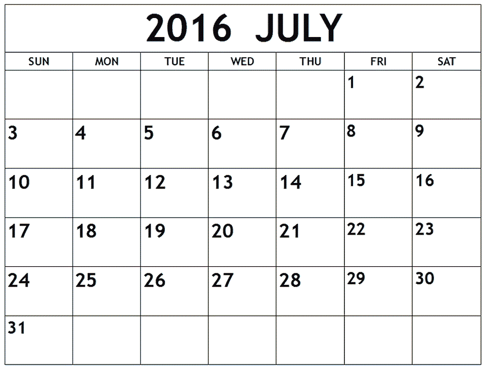 July 2016 Weekly Calendar