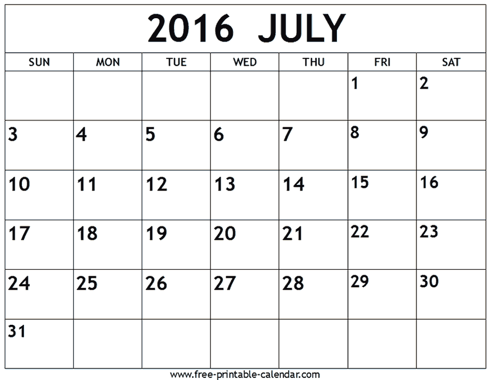 July Schedule 2016 Printable Calendar