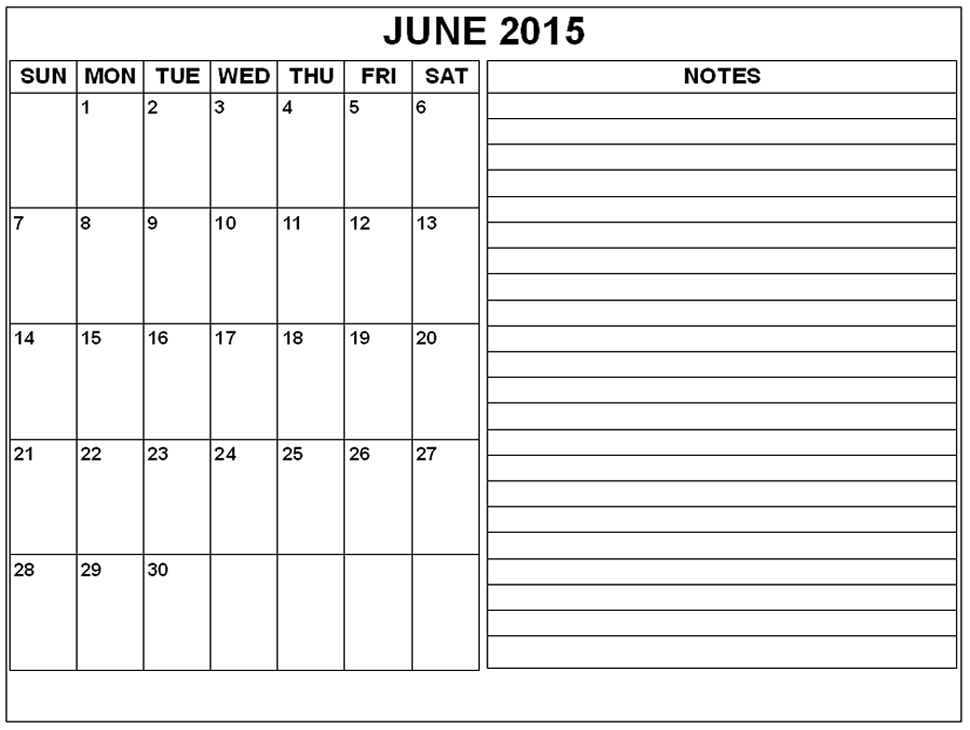 June 2015 Printable Calendar With Notes