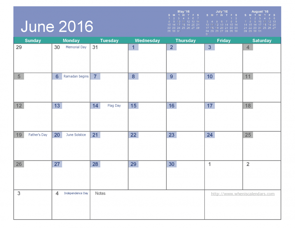 June 2016 Calendar Win To Print, Fillable, Editable, Blank Free