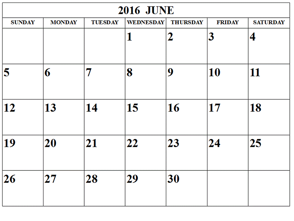 June 2016 Printable Calendar Landscape