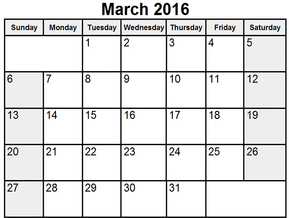 March Month Calendar Printable 2016
