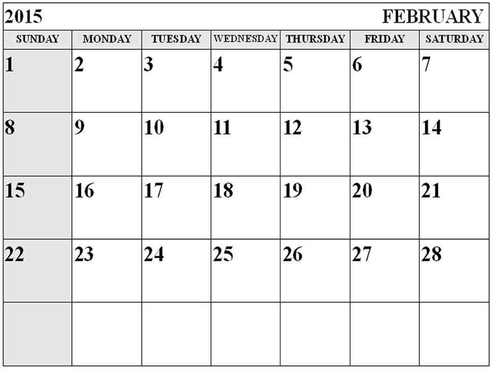 Monthly Calendar Printable 2015 February