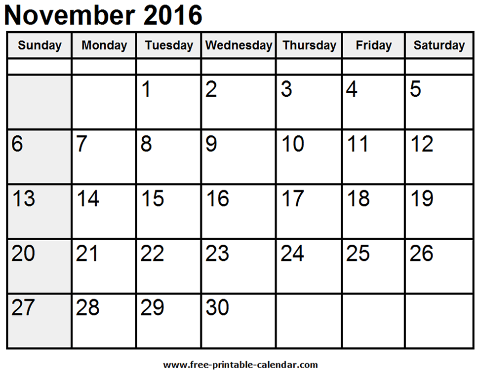 November 2016 Calendar Template
