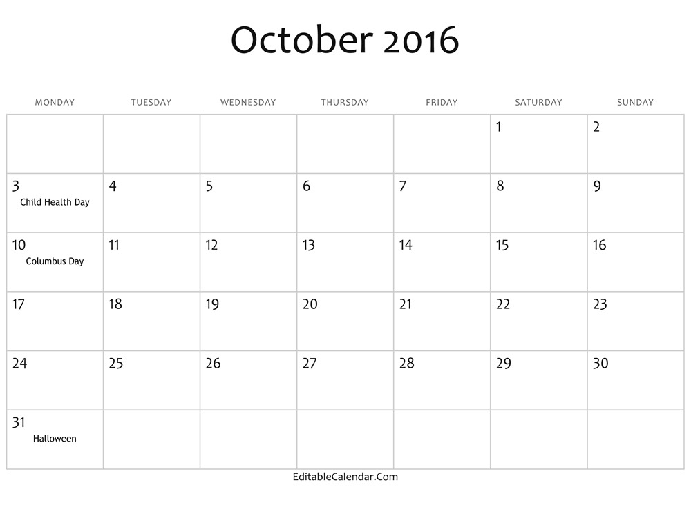 October 2016 Calendar Waterproof Â» Event Calendar 2016