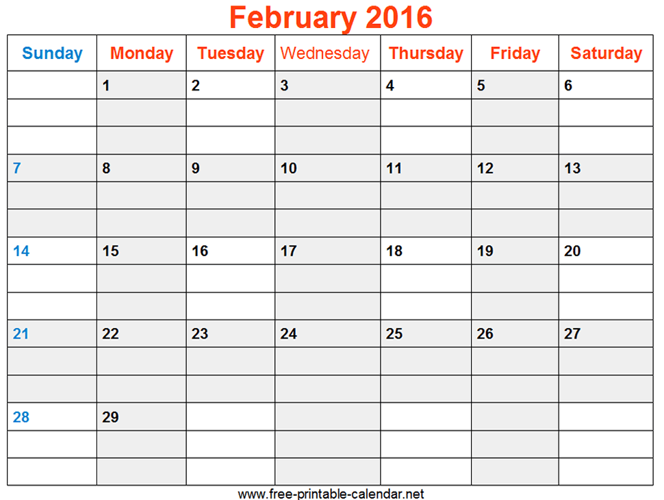 Pin February 2016 Printable Calendar With Lines Template On Pinterest