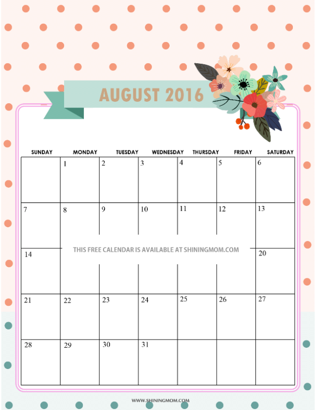 Pretty Printable Calendars For August 2016, Pretty Printable