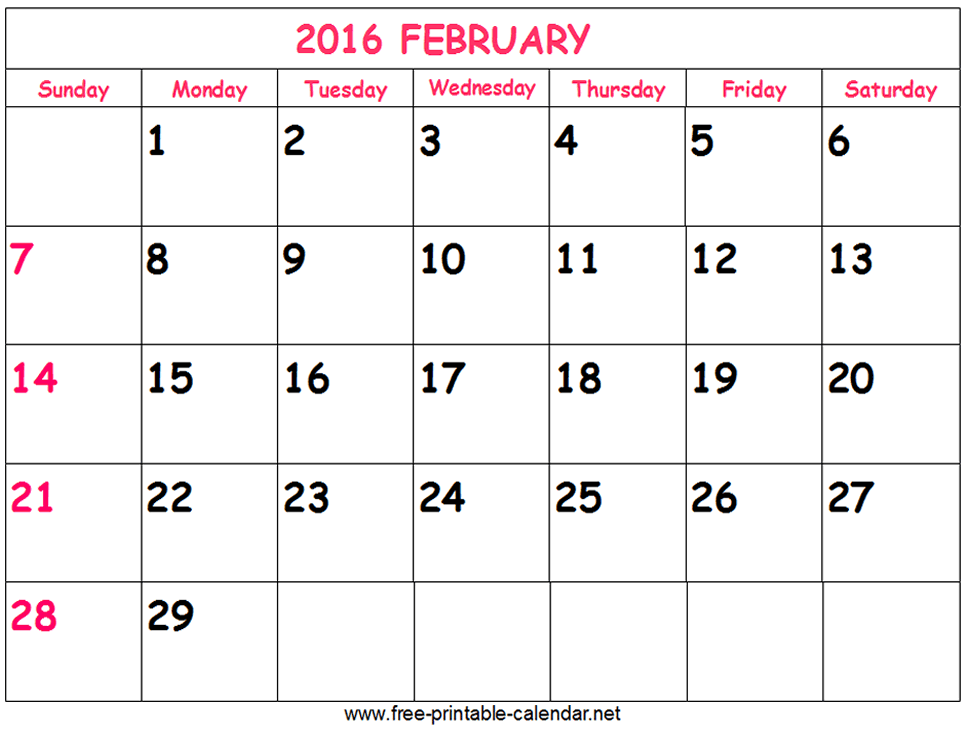 Print Calendar 2016 February