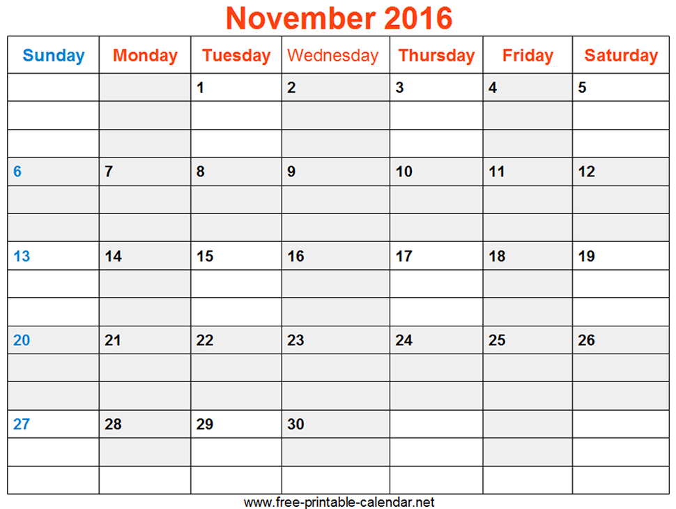 Print November 2016 Calendar