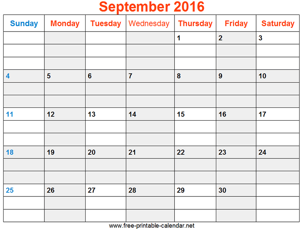 Print September 2016 Calendar