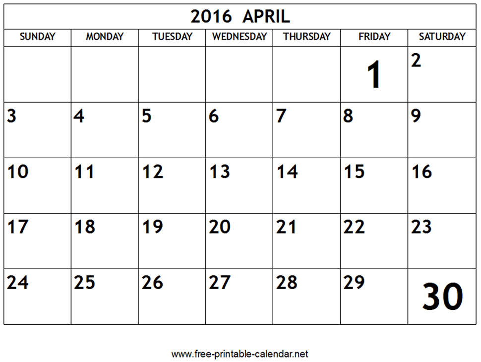 Printable April 2016 Calendar