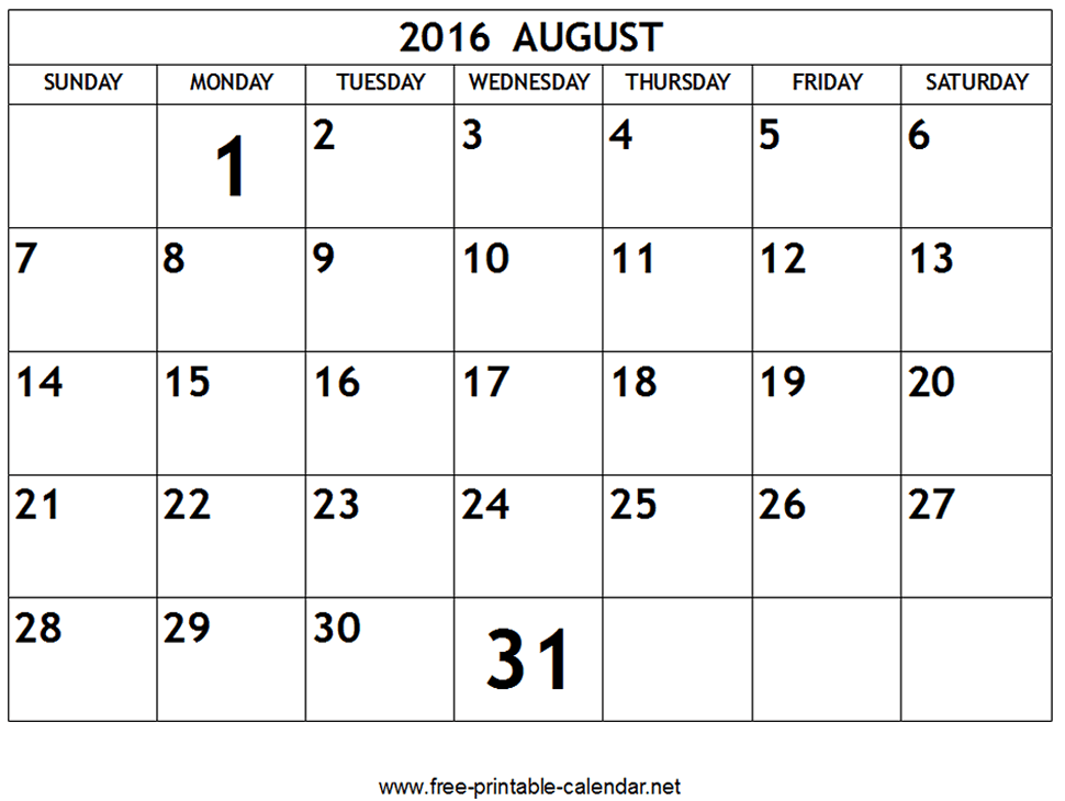 Printable August 2016 Calendar