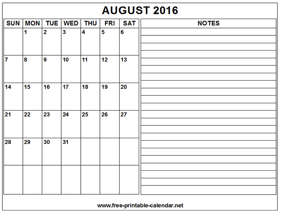 Printable Calendar 2016 August