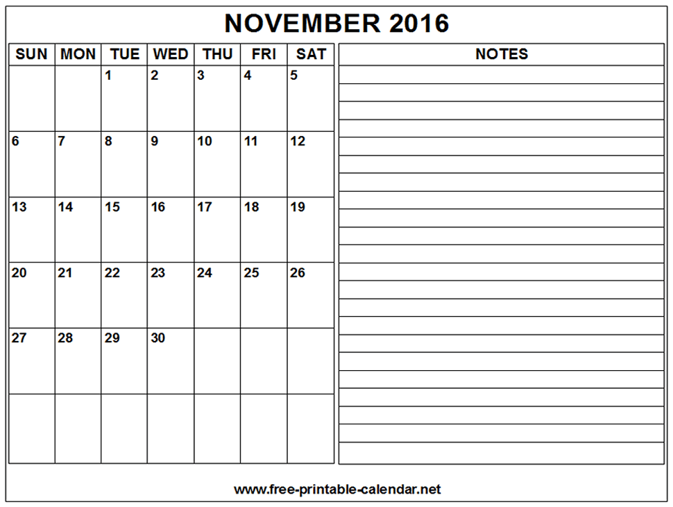 Printable Calendar 2016 November