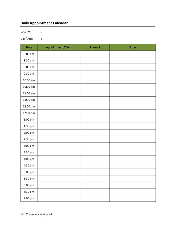 Printable Daily Appointment Calendar Template