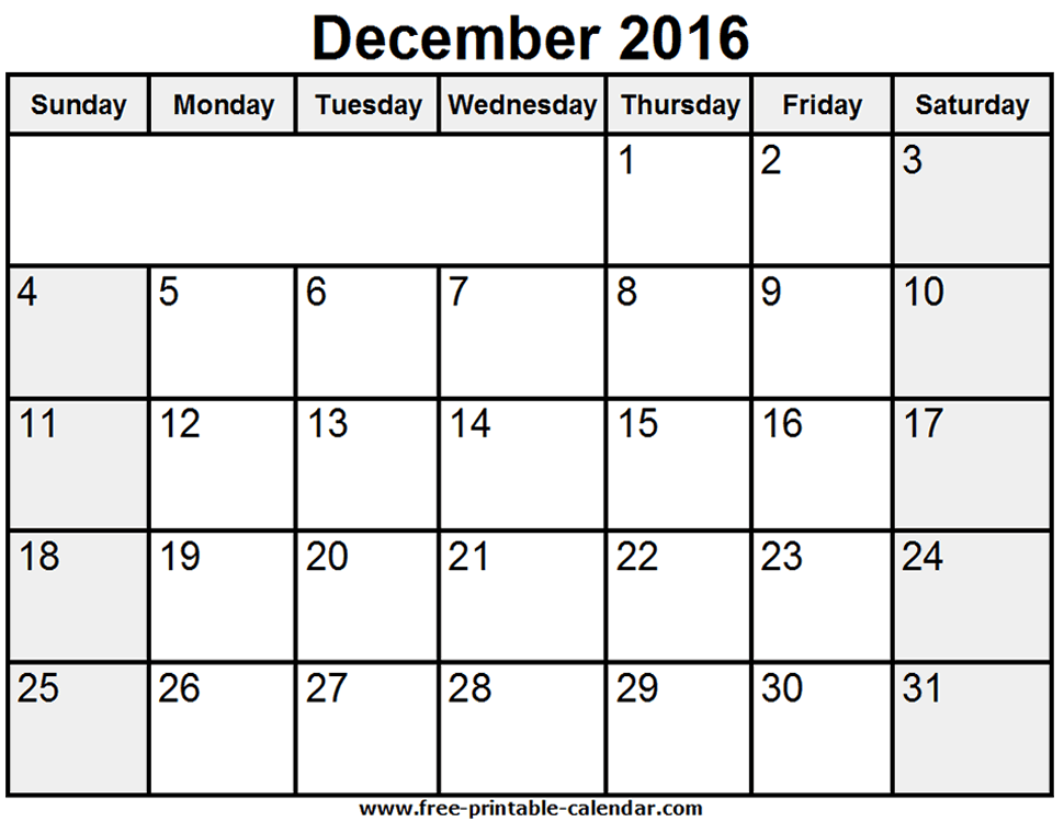Printable December 2016 Calendar